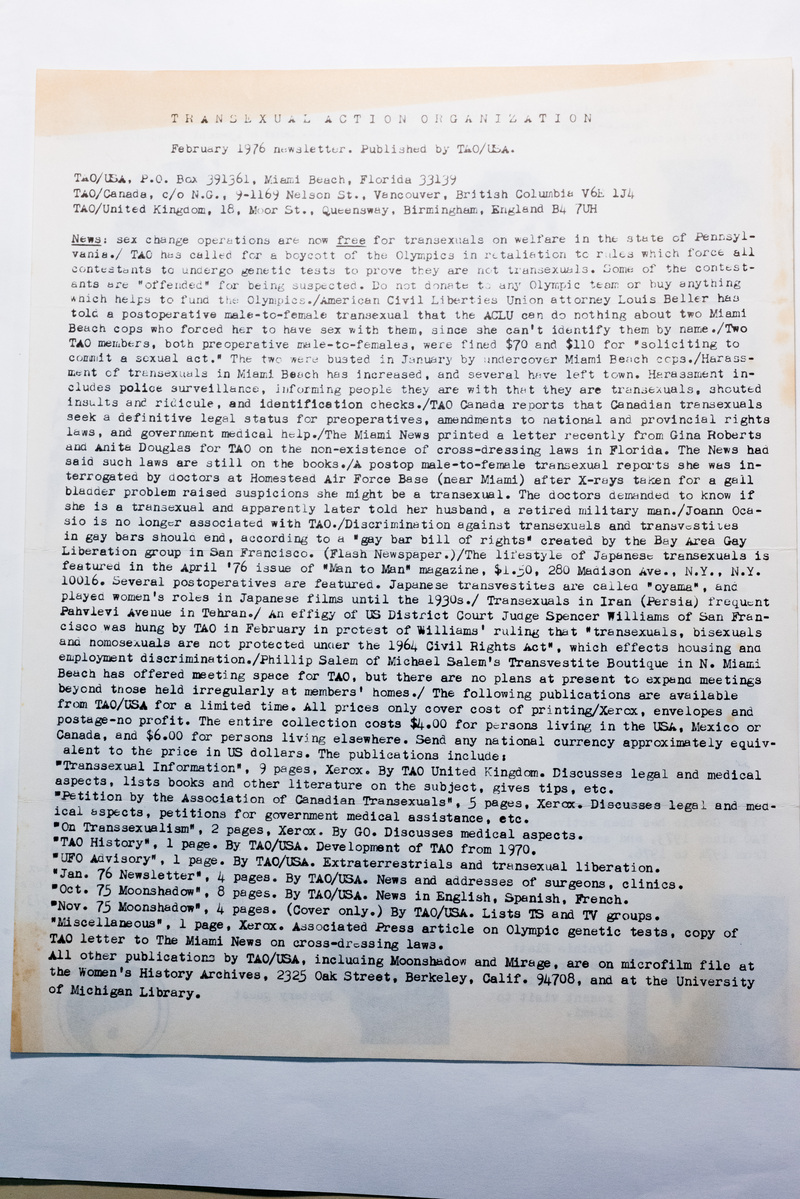 Transsexual Action Organization February 1976 Newsletter